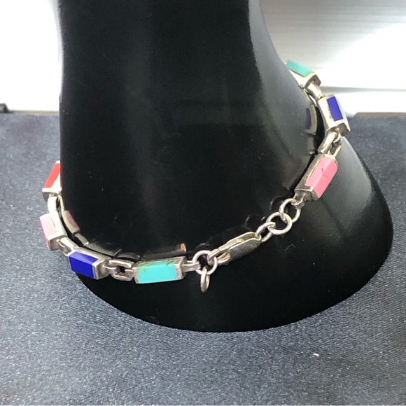TAXCO Sterling Silver Multi-Gemstone Link Bracelet - Picture 7 of 13
